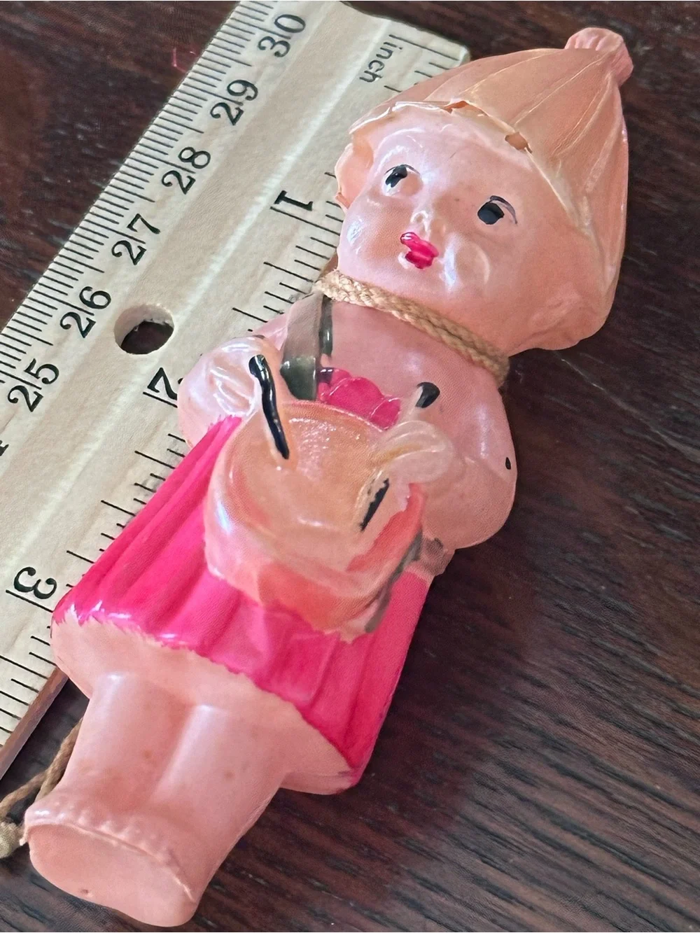 Antique 1930s Japan Celluloid Girl Christmas Ornament 4.25” Hand Painted Rare